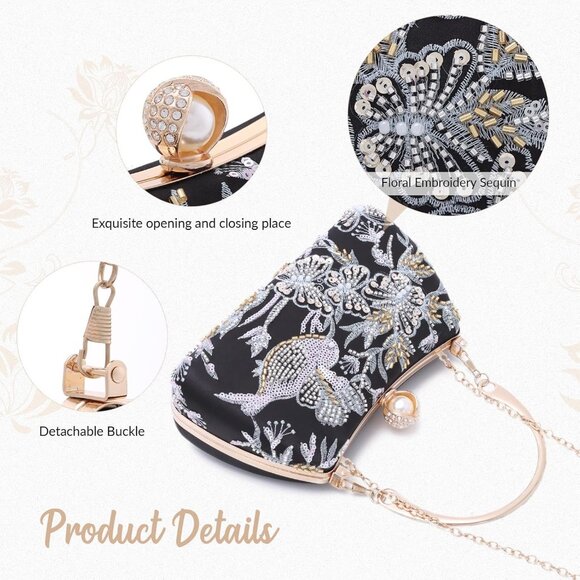 ⚡ Women's Floral Sequin Black Embroidery Evening Beaded Clutch Handbag - Picture 6 of 7